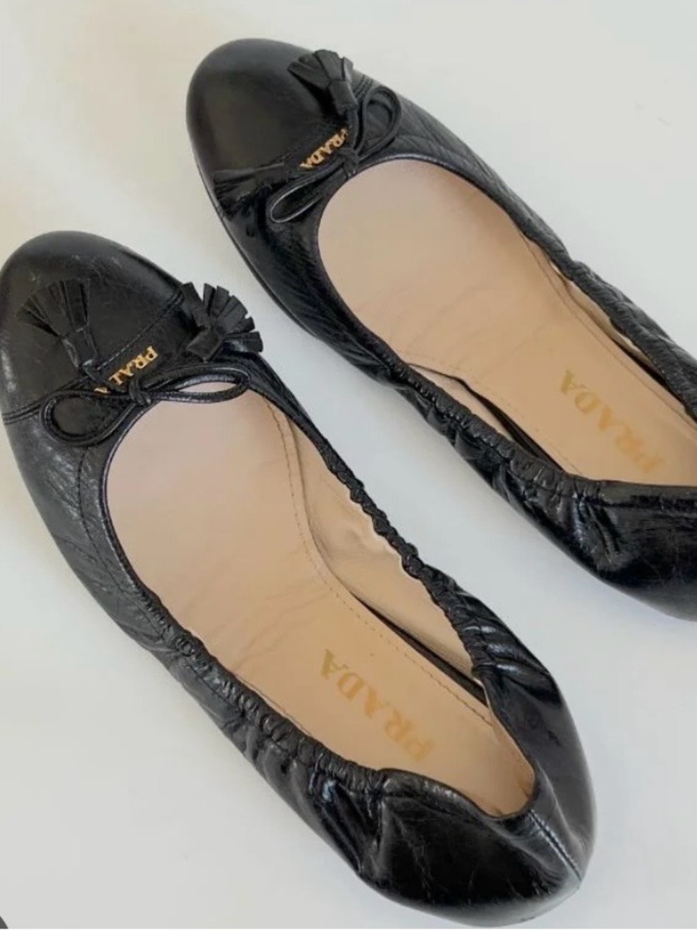Prada Black Leather Ballet Flats Tassel Logo Size 37 (US 7) w/ Box